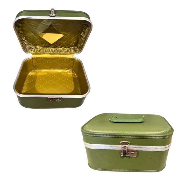 Vintage Original Train Case Suitcase Travel Olive Green Retro 60s Carry On Plane - Picture 1 of 11